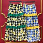 Ruffle Trim Lemon Print Gingham Midi A-line Skirt