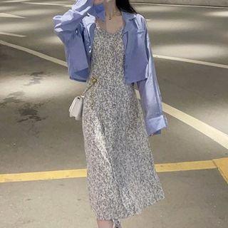 Spaghetti Strap Floral Print Midi A-line Dress / Cropped Shirt