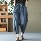 Frog-button Cropped Baggy Jeans