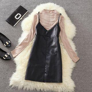 Set: Plain Mock Neck Long Sleeve T-shirt + Faux Leather Spaghetti Strap Dress