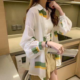 Puff-sleeve Geometric Print Shirt