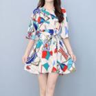 Set: Elbow-sleeve Print Dress + Shorts