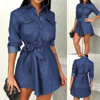 Plain Long Sleeve Tie-waist Button-up Denim Dress