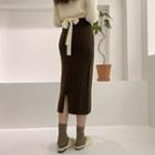 H-line Rib-knit Long Skirt Brown - One Size