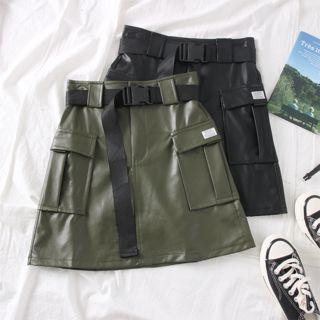 Faux-leather Cargo A-line Skirt With Belt
