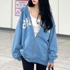 Letter Embroidered Hooded Zip Jacket 20509:28383 - Blue - One Size