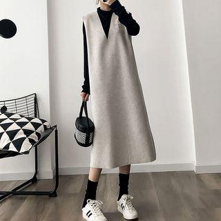 Set: Sleeveless A-line Midi Dress + Long-sleeve Top