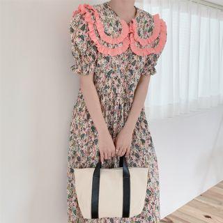 Puff-sleeve Floral Print Frill Trim Midi A-line Dress