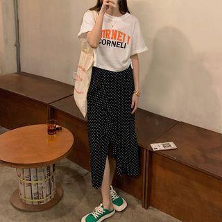 Elbow-sleeve Lettering T-shirt / Dotted Midi A-line Skirt