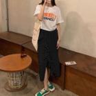 Elbow-sleeve Lettering T-shirt / Dotted Midi A-line Skirt
