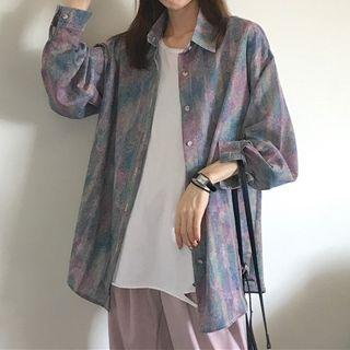 Printed Long-sleeve Shirt / Plain Straight-cut Pants