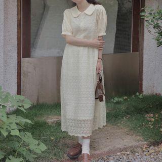 Set: Short-sleeve Blouse + Sleeveless Lace Midi A-line Dress