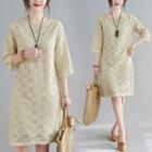 3/4-sleeve Floral Embroidered Shift Dress