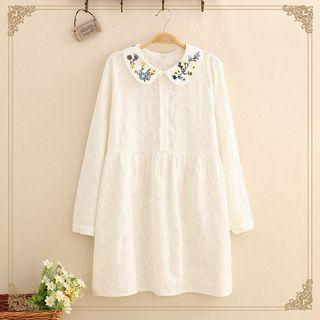 Floral Embroidered A-line Shirtdress As Shown In Figure - One Size