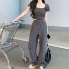Short-sleeve Paneled Crop T-shirt / Wide Leg Pants
