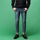 Slit-knee Distressed-hem Slim-fit Jeans