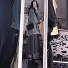 Distressed Cardigan / Midi A-line Skirt / Set