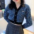 Cropped Leopard Print Cardigan / Plaid Mini Fitted Skirt Cardigan - Blue - One Size