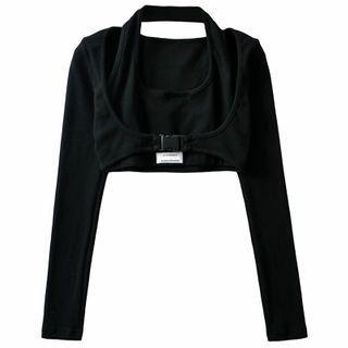 Set: Long-sleeve Buckled T-shirt + Halter Tank Top