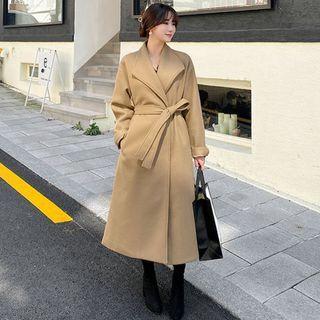 Plus Size Wide-lapel Long Wrap Coat With Sash
