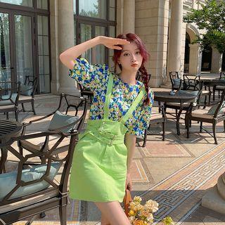 Crew-neck Floral Puff-sleeve Top / Plain Button-up Belt Overall Dress