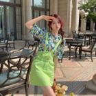 Crew-neck Floral Puff-sleeve Top / Plain Button-up Belt Overall Dress