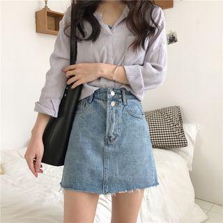 Fringed Hem Denim Mini Skirt