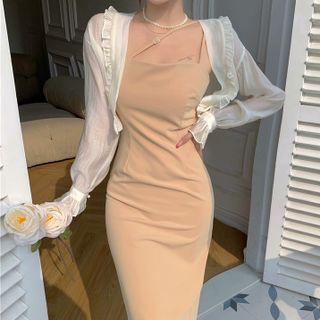 Spaghetti Strap Midi Dress / Ruffle Blouse