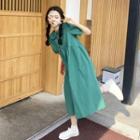 Short-sleeve Collared Midi A-line Dress Green - One Size