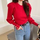 Mutton-sleeve Slim-fit Rib-knit Top