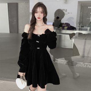 Long-sleeve Off-shoulder Embellished Mini A-line Dress