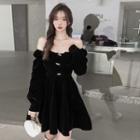 Long-sleeve Off-shoulder Embellished Mini A-line Dress