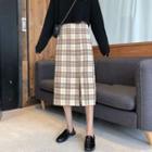 High-waist Split Hem Plaid Skirt