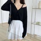 Cold-shoulder Button Long-sleeve T-shirt / Layered Mini A-line Skirt