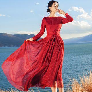 Long-sleeve Dotted Mesh A-line Midi Dress