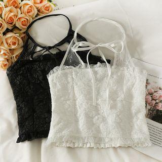 Ribbon-neckline Lace Halter Top
