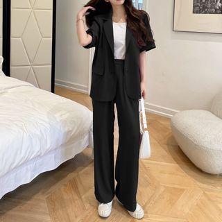 Set: Short-sleeve Plain Blazer + Wide Leg Pants