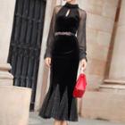 Long-sleeve Embellished Godet Evening Dress