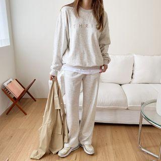 Set: Letter Print Sweatshirt + Band-waist Sweat Pants