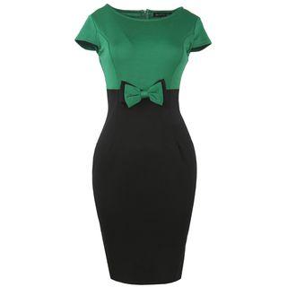 Short Sleeve Color Panel Bow Accent Midi Sheath Dress