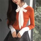 Color Panel Bow Accent Long Sleeve Knit Top