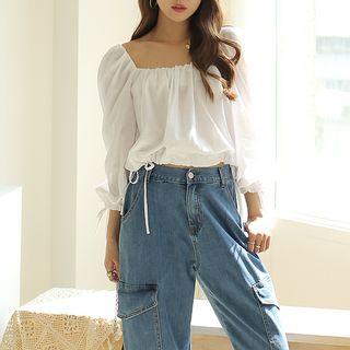Square-neck Drawstring-hem Cropped Top