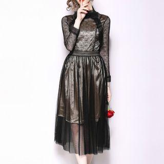 Long-sleeve Mesh Overlay Midi A-line Dress