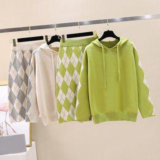Set: Argyle Knit Hoodie + Argyle Knit Straight-fit Skirt