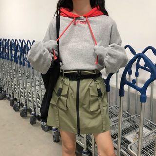 Letter Print Hoodie / Cargo A-line Skirt