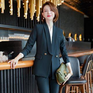 Double-breasted Blazer / V-neck Blouse / Dress Pants / Set