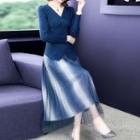 Set: V-neck Long-sleeve Knit Top + Mesh Midi A-line Skirt