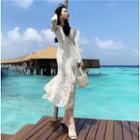 Long-sleeve Midi Lace Mermaid Dress Almond - One Size