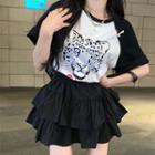 Raglan-sleeve Print T-shirt / Layered Mini A-line Skirt