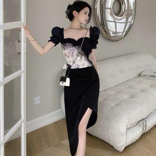 Short-sleeve Tie Dye Blouse / Slit Skirt